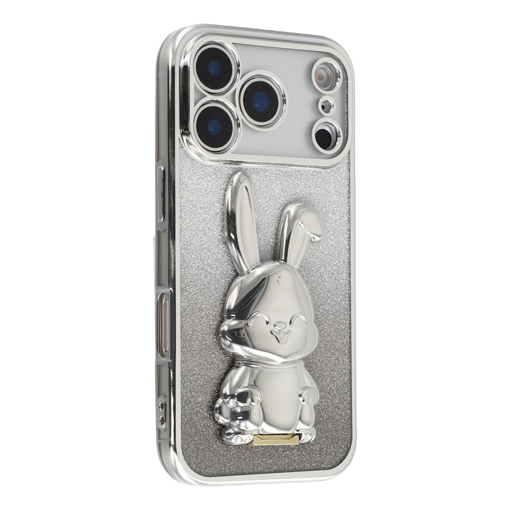 For iPhone 17 Pro Case Electroplating Glitter Rabbit PC + TPU Phone Cover with Kickstand - Silver