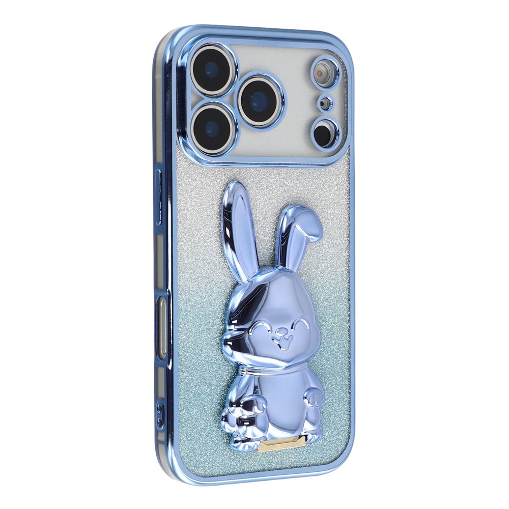 For iPhone 17 Pro Case Electroplating Glitter Rabbit PC + TPU Phone Cover with Kickstand - Blue