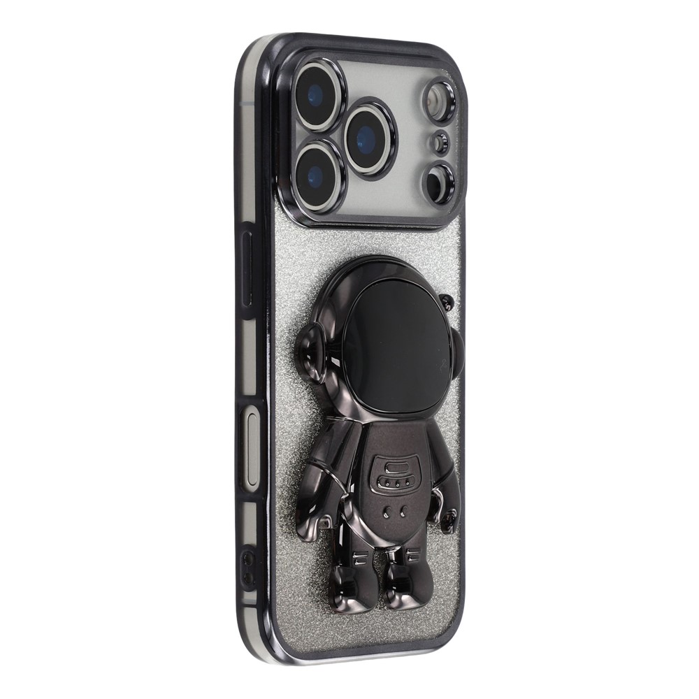 For iPhone 17 Pro Case with Astronaut Kickstand PC + TPU Phone Cover Shiny Glitter - Black