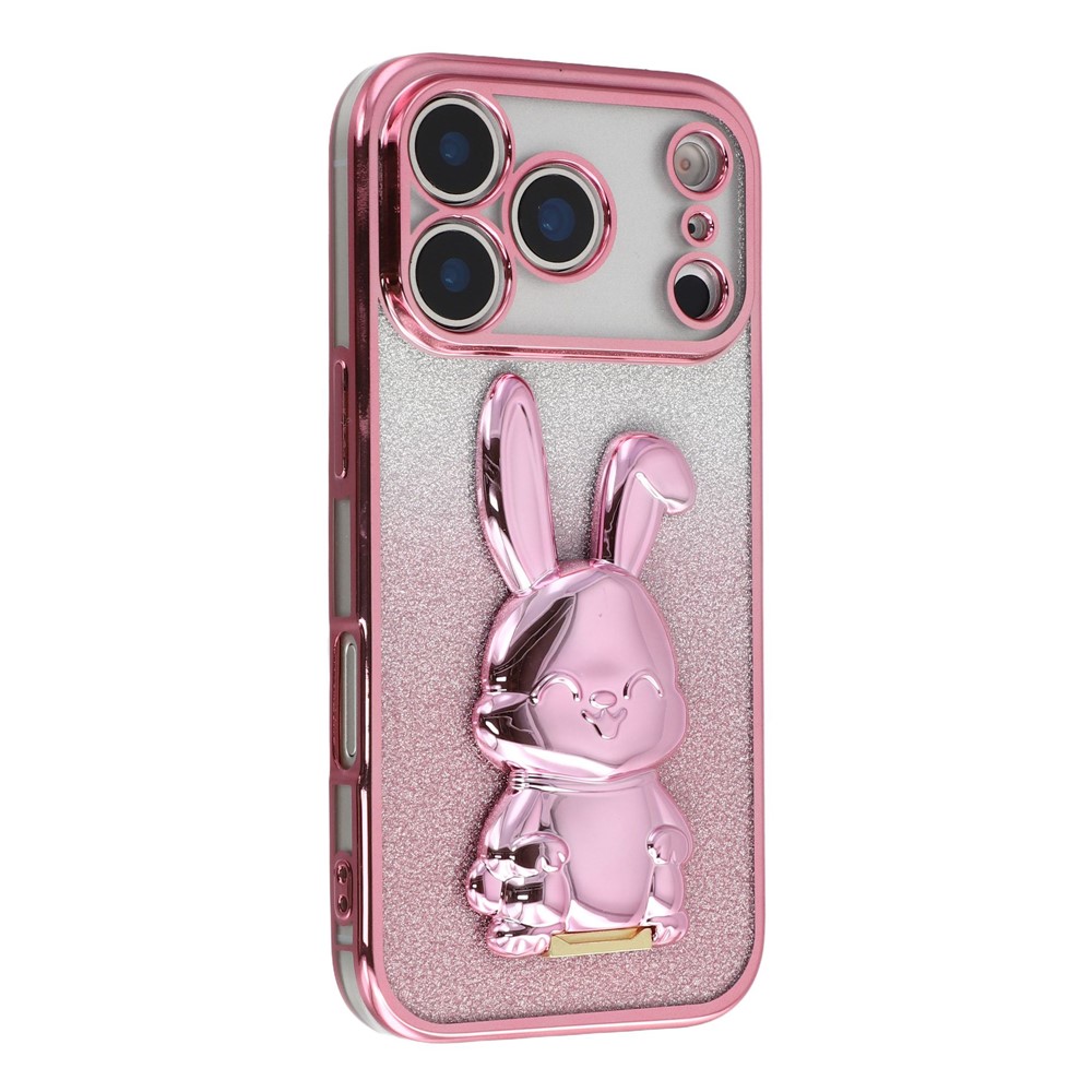 For iPhone 17 Pro Max Case Electroplating Glitter Rabbit PC + TPU Phone Cover with Kickstand - Pink