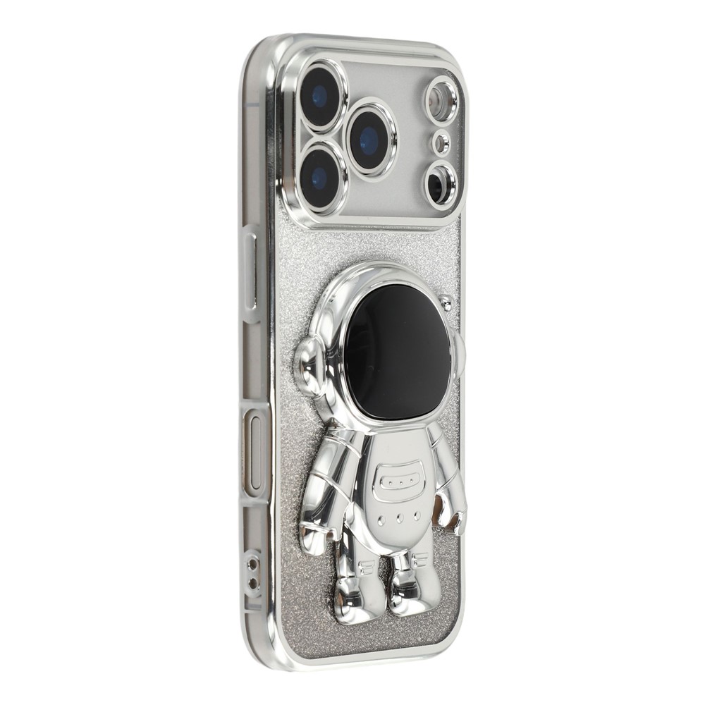 For iPhone 17 Pro Max Case with Astronaut Kickstand PC + TPU Phone Cover Shiny Glitter - Silver