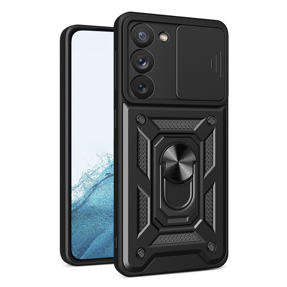 For Samsung Galaxy S23 5G Ring Kickstand PC + TPU Protective Cover Anti-drop Phone Case with Slide Camera Lid - Black-1