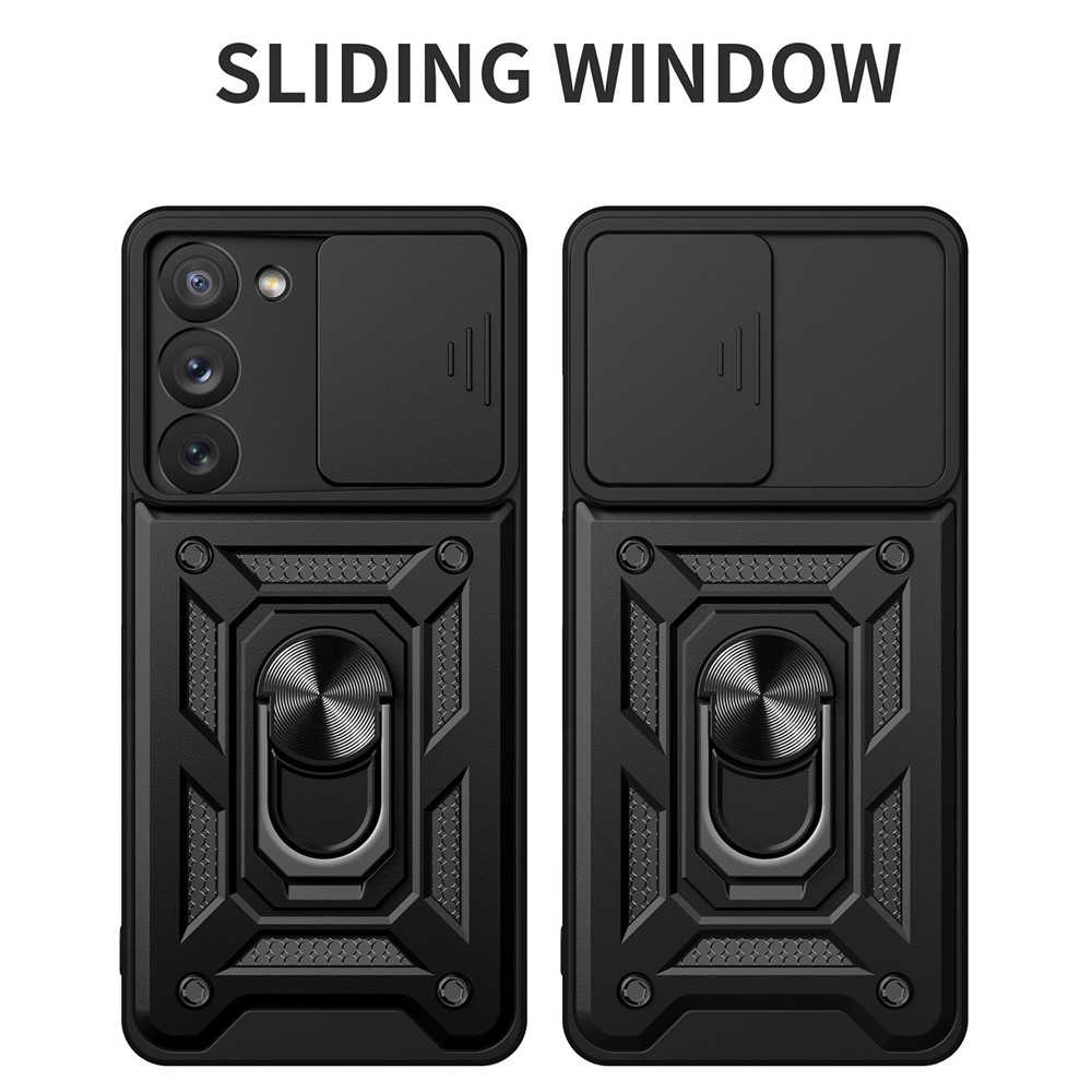 For Samsung Galaxy S23 5G Ring Kickstand PC + TPU Protective Cover Anti-drop Phone Case with Slide Camera Lid - Black-2