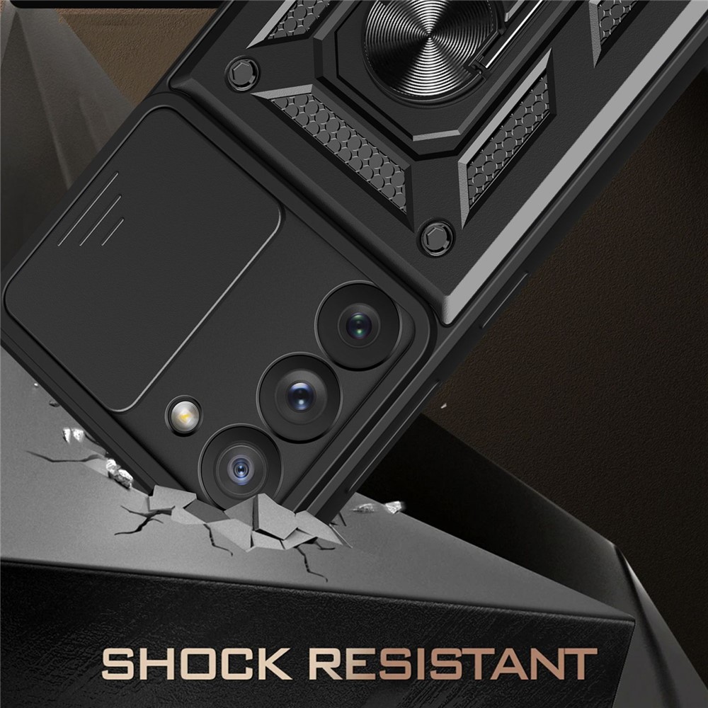 For Samsung Galaxy S23 5G Ring Kickstand PC + TPU Protective Cover Anti-drop Phone Case with Slide Camera Lid - Black-3