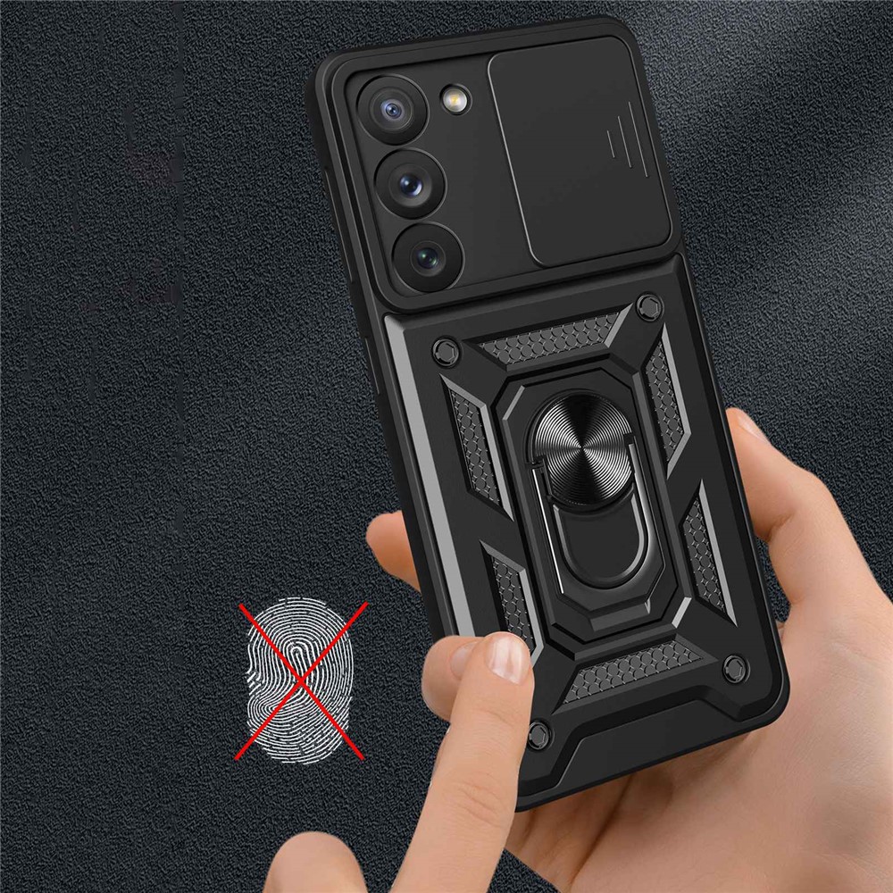 For Samsung Galaxy S23 5G Ring Kickstand PC + TPU Protective Cover Anti-drop Phone Case with Slide Camera Lid - Black-6