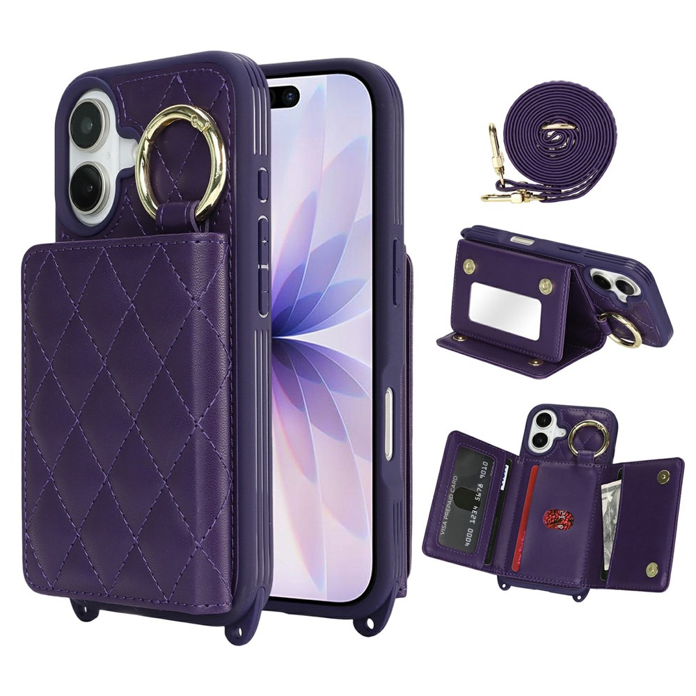 For iPhone 17 Case with Lanyard  /  Mirror  /  Card Holder Grids Pattern RFID Blocking Phone Cover - Purple