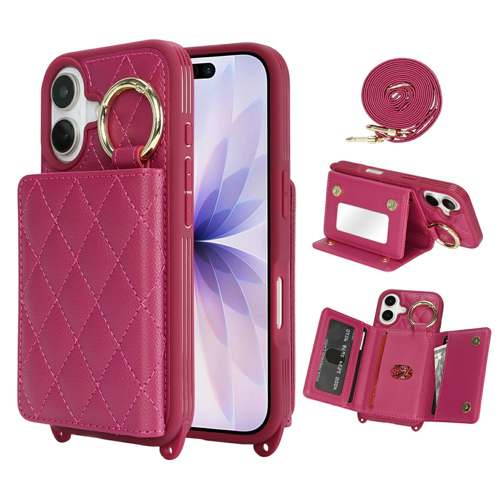 For iPhone 17 Case with Lanyard  /  Mirror  /  Card Holder Grids Pattern RFID Blocking Phone Cover - Rose