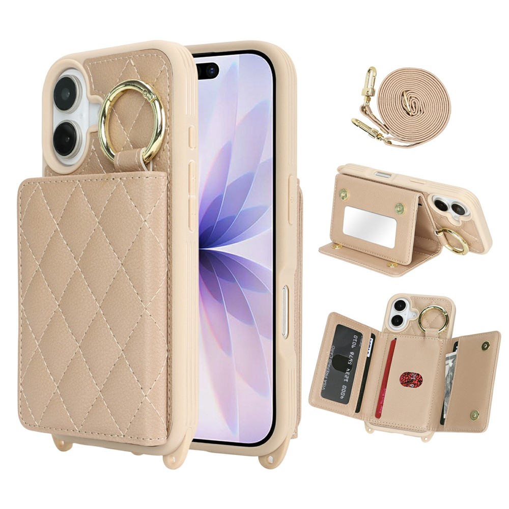 For iPhone 17 Case with Lanyard  /  Mirror  /  Card Holder Grids Pattern RFID Blocking Phone Cover - Beige