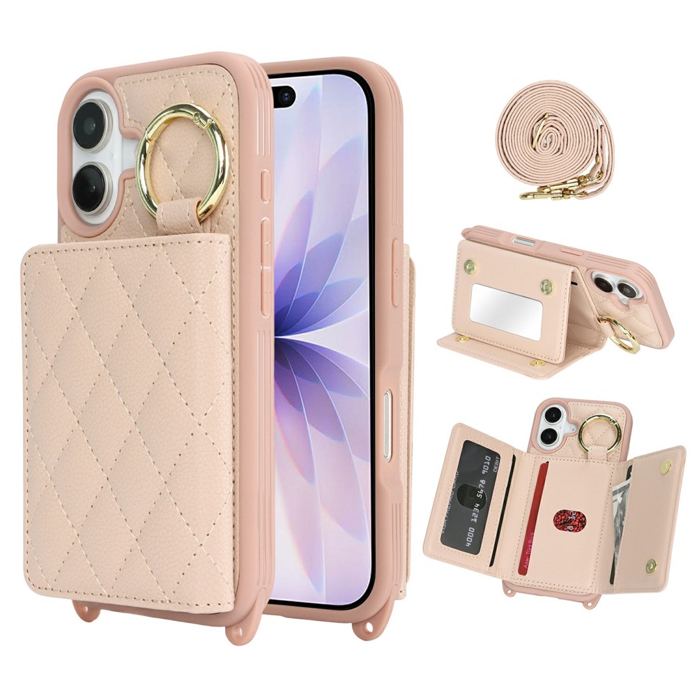 For iPhone 17 Case with Lanyard  /  Mirror  /  Card Holder Grids Pattern RFID Blocking Phone Cover - Pink