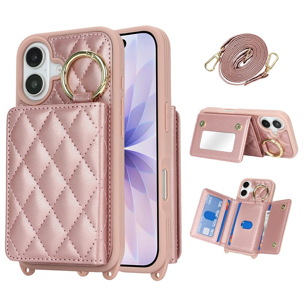 For iPhone 17 Case with Lanyard / Mirror / Card Holder Grids Pattern RFID Blocking Phone Cover - Rose Gold