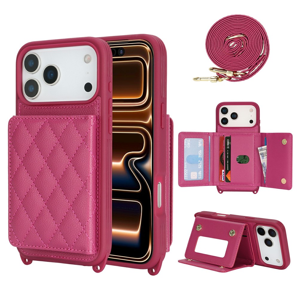 For iPhone 17 Pro Case with Lanyard  /  Mirror  /  Card Holder Grids Pattern RFID Blocking Phone Cover - Rose