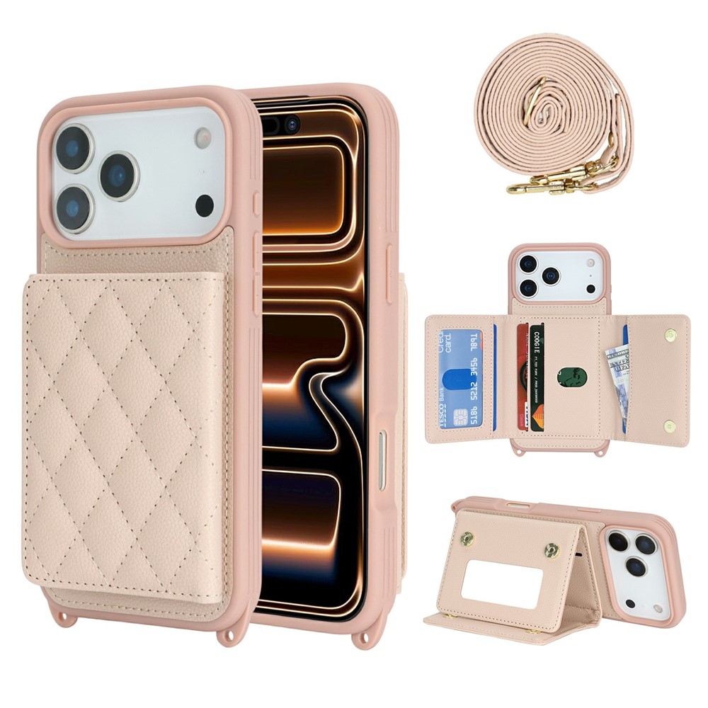 For iPhone 17 Pro Case with Lanyard  /  Mirror  /  Card Holder Grids Pattern RFID Blocking Phone Cover - Pink