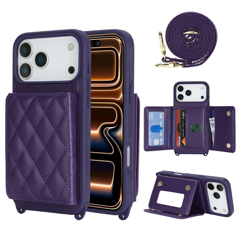 For iPhone 17 Pro Max Case with Lanyard  /  Mirror  /  Card Holder Grids Pattern RFID Blocking Phone Cover - Purple
