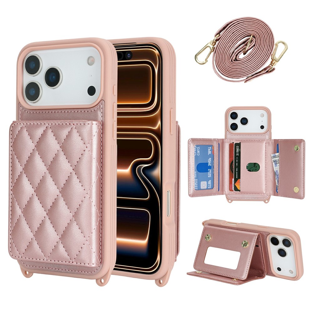 For iPhone 17 Pro Max Case with Lanyard  /  Mirror  /  Card Holder Grids Pattern RFID Blocking Phone Cover - Rose Gold