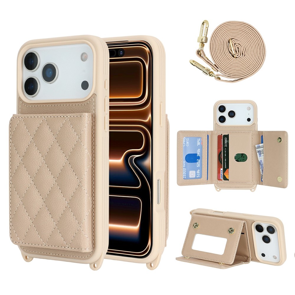 For iPhone 17 Pro Max Case with Lanyard  /  Mirror  /  Card Holder Grids Pattern RFID Blocking Phone Cover - Beige