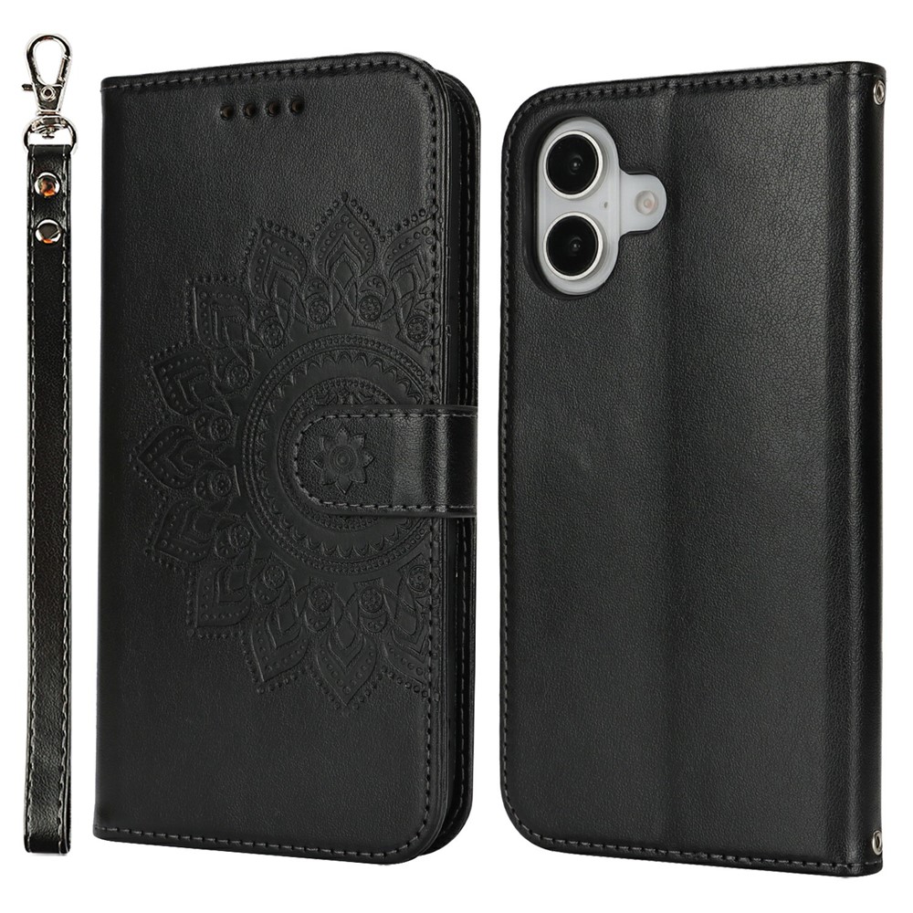 For iPhone 17 Case Textured Leather Wallet Phone Cover with Strap - Black