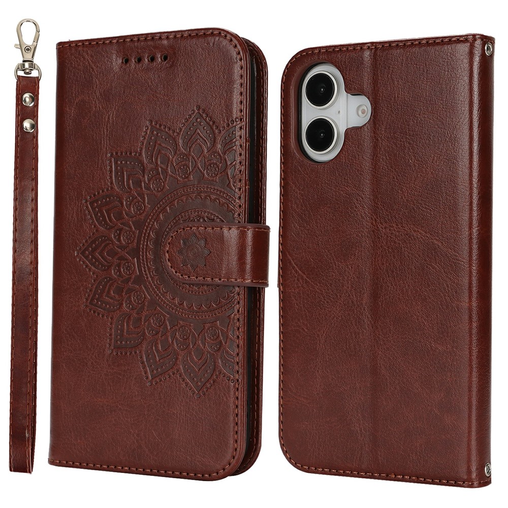 For iPhone 17 Case Textured Leather Wallet Phone Cover with Strap - Dark Brown