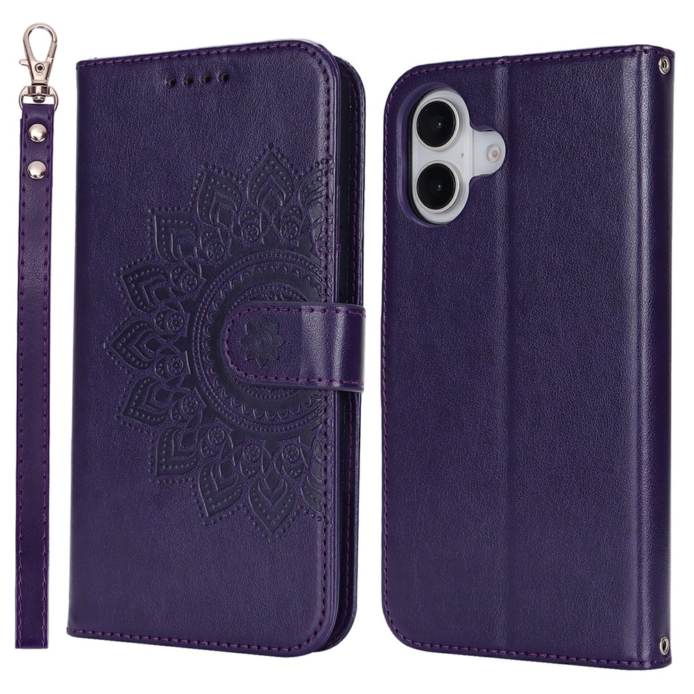 For iPhone 17 Case Textured Leather Wallet Phone Cover with Strap - Dark Purple