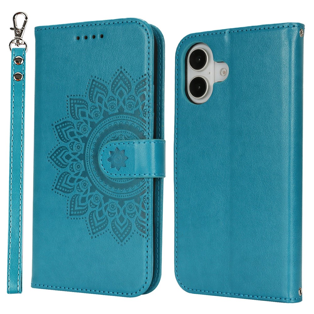 For iPhone 17 Case Textured Leather Wallet Phone Cover with Strap - Blue