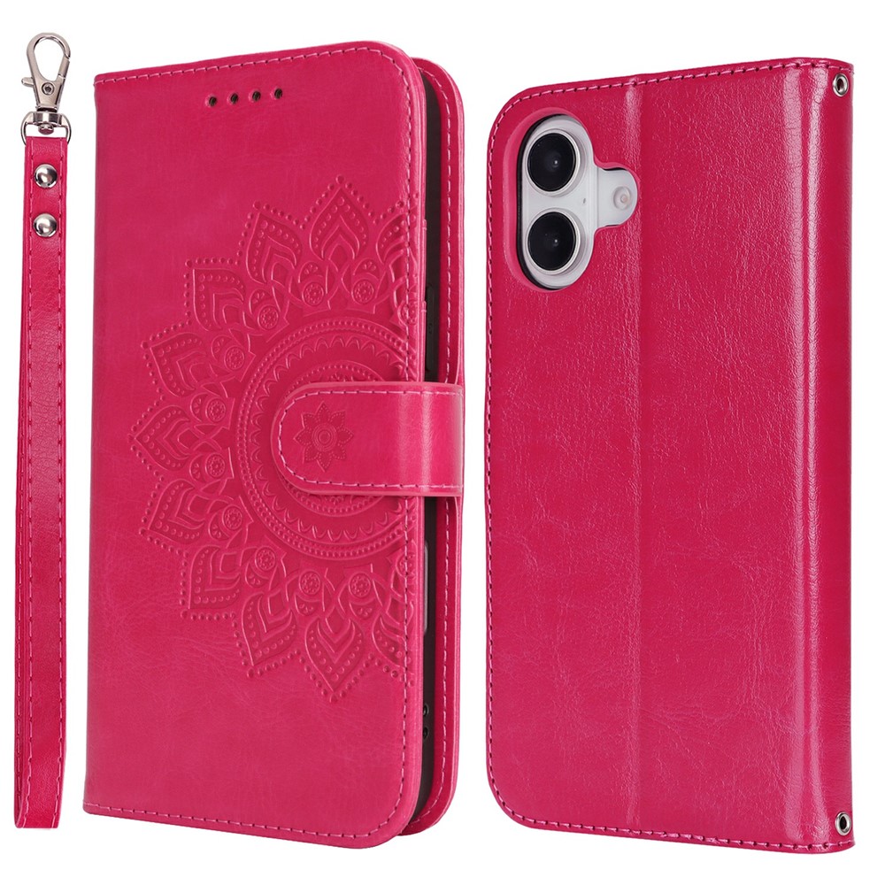 For iPhone 17 Case Textured Leather Wallet Phone Cover with Strap - Rose