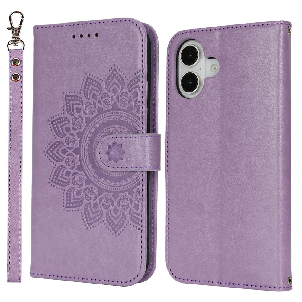 For iPhone 17 Case Textured Leather Wallet Phone Cover with Strap - Purple