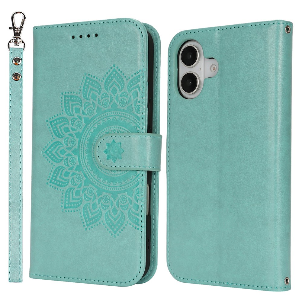 For iPhone 17 Case Textured Leather Wallet Phone Cover with Strap - Light Green