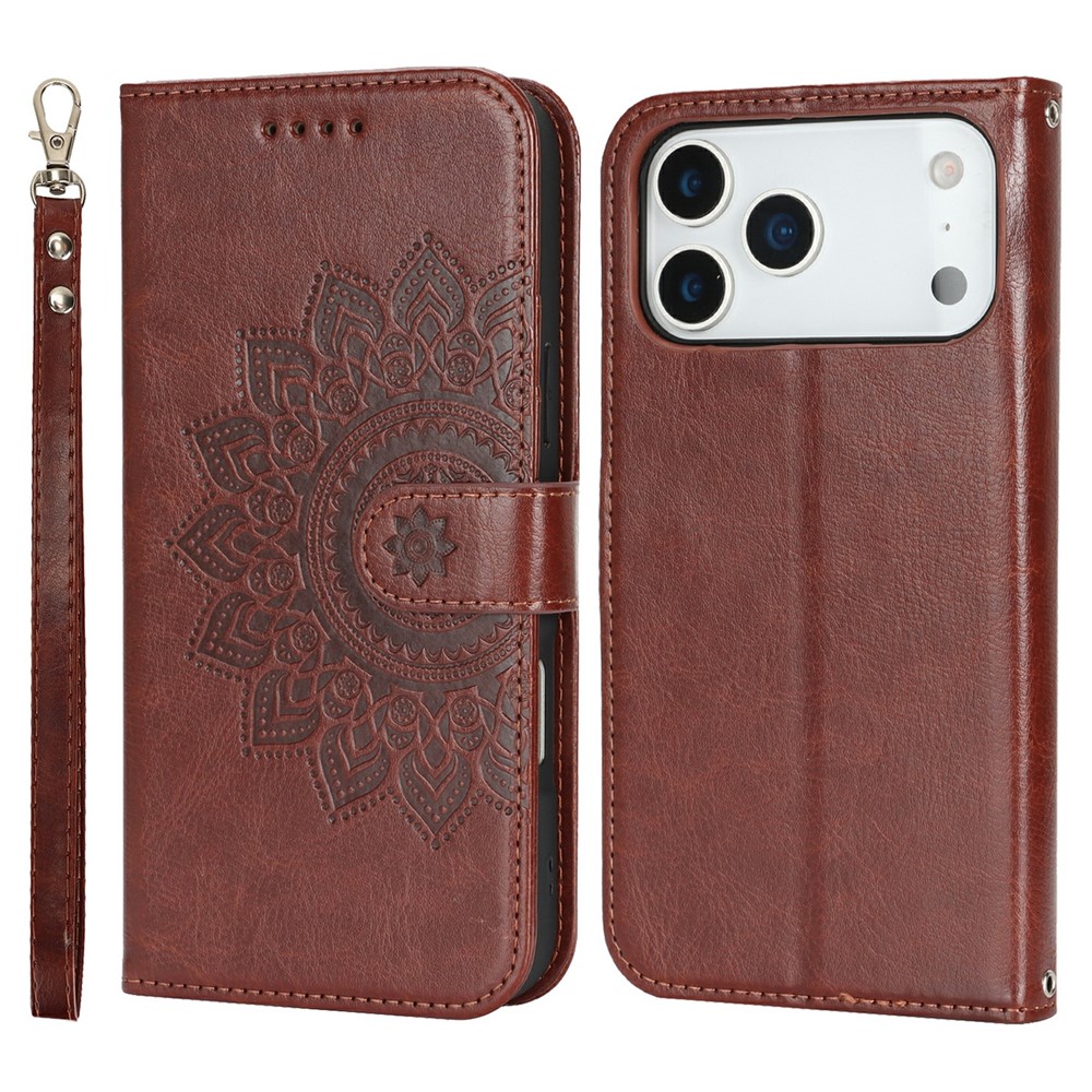 For iPhone 17 Pro Max Case Textured Leather Wallet Phone Cover with Strap - Dark Brown
