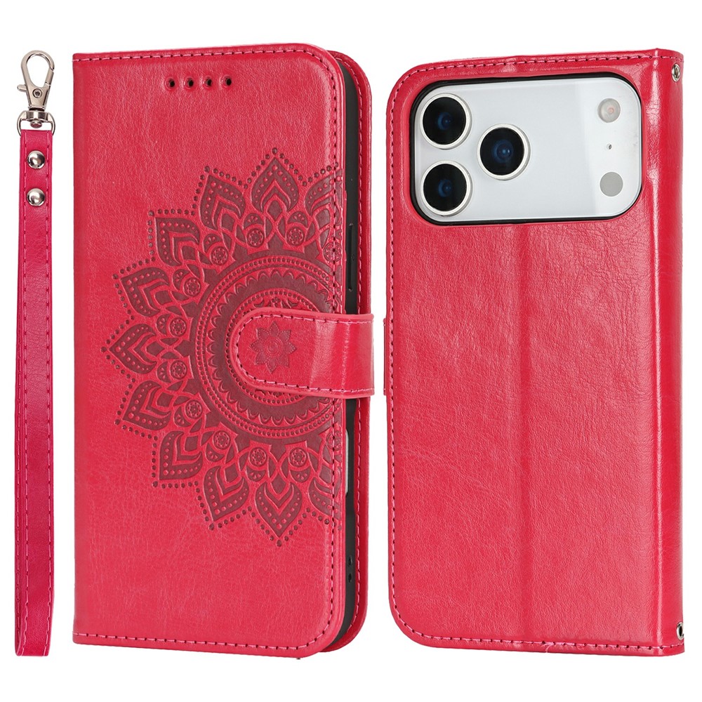 For iPhone 17 Pro Max Case Textured Leather Wallet Phone Cover with Strap - Rose