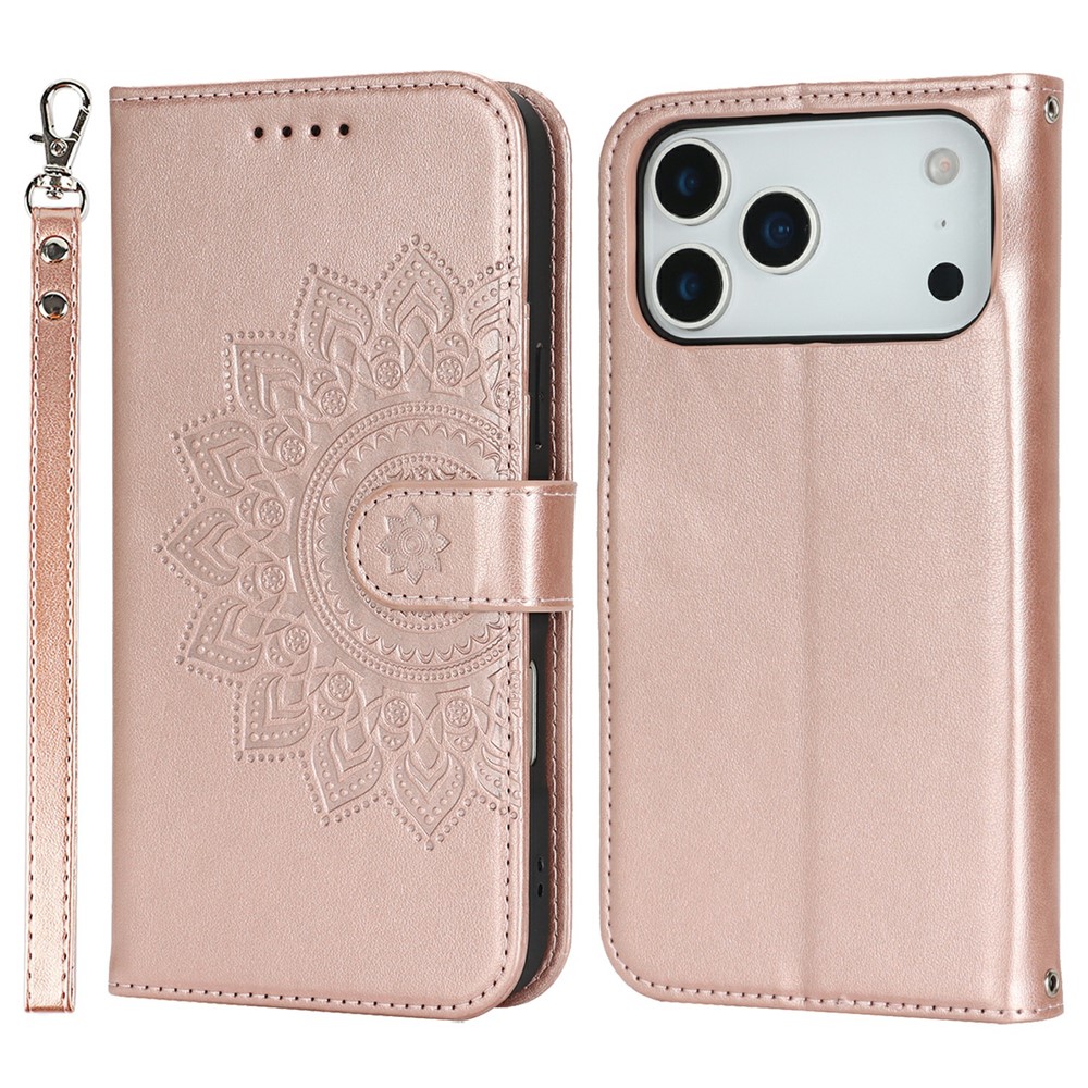 For iPhone 17 Pro Max Case Textured Leather Wallet Phone Cover with Strap - Rose Gold