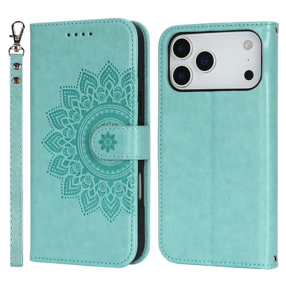For iPhone 17 Pro Max Case Textured Leather Wallet Phone Cover with Strap - Light Green