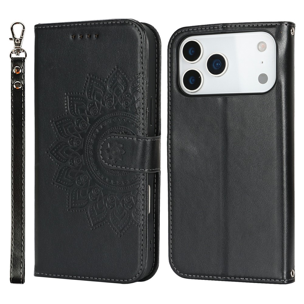 For iPhone 17 Pro Case Textured Leather Wallet Phone Cover with Strap - Black