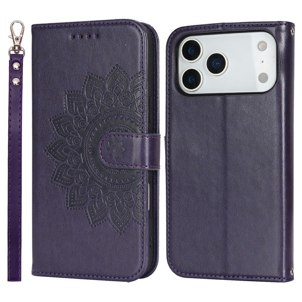 For iPhone 17 Pro Case Textured Leather Wallet Phone Cover with Strap - Dark Purple