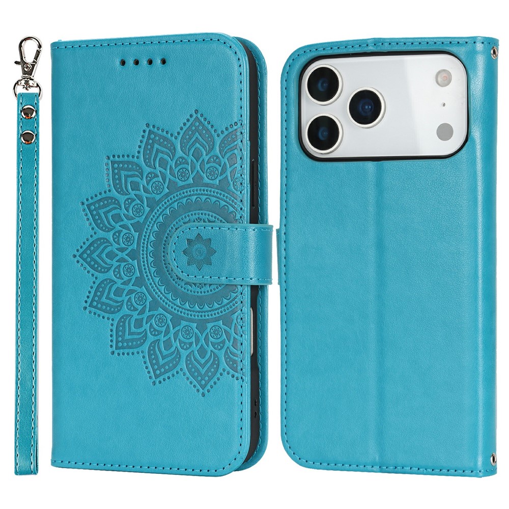 For iPhone 17 Pro Case Textured Leather Wallet Phone Cover with Strap - Blue