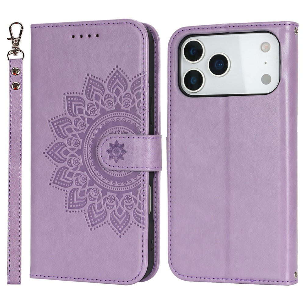 For iPhone 17 Pro Case Textured Leather Wallet Phone Cover with Strap - Purple
