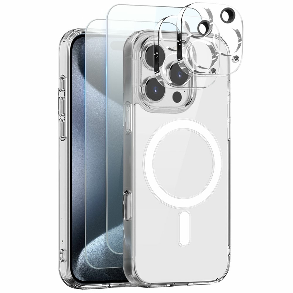 NORTHJO 5 in 1 Set for iPhone 15 Pro Magnetic Case PC + TPU Phone Cover with 2 Front Screen Protector + 2 Lens Film