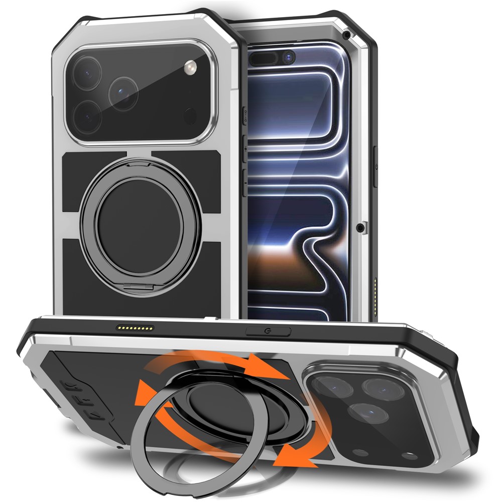 R-JUST For iPhone 17 Pro Max Case Compatible with MagSafe TPU + Metal Kickstand Phone Cover with Tempered Glass Film - Silver