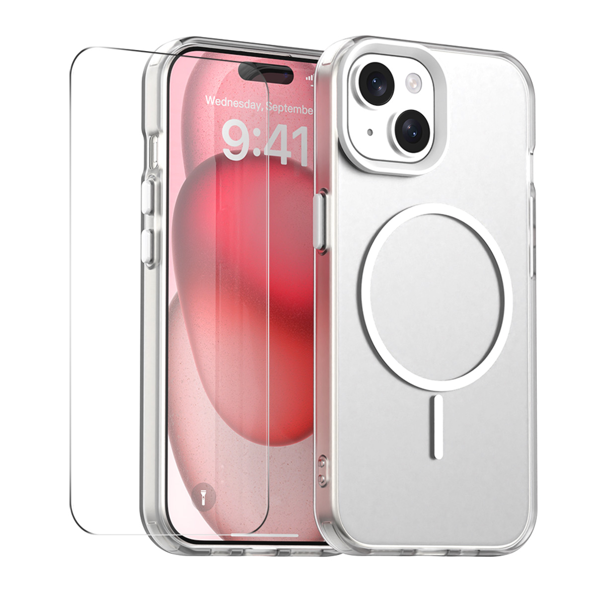 For iPhone 15 Case with 9H Tempered Glass ENKAY HAT PRINCE PC TPU Phone Cover Compatible with MagSafe - White