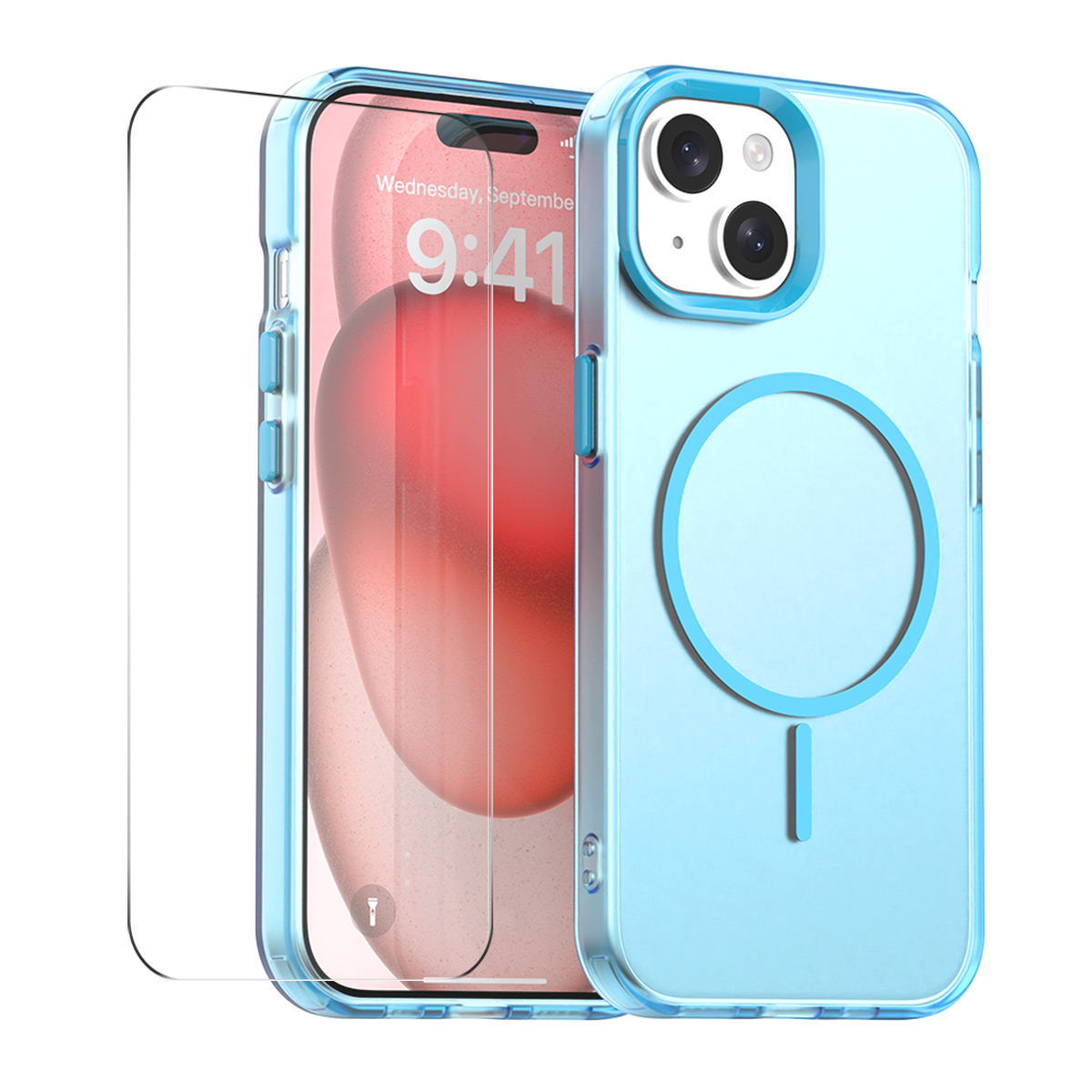 For iPhone 14 Plus Case with 9H Tempered Glass ENKAY HAT PRINCE PC TPU Phone Cover Compatible with MagSafe - Blue