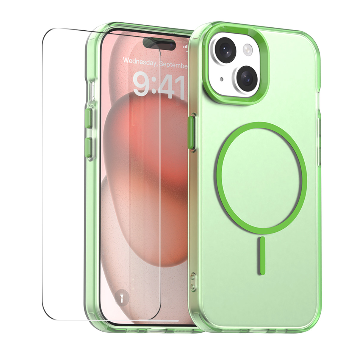 For iPhone 14 Plus Case with 9H Tempered Glass ENKAY HAT PRINCE PC TPU Phone Cover Compatible with MagSafe - Green
