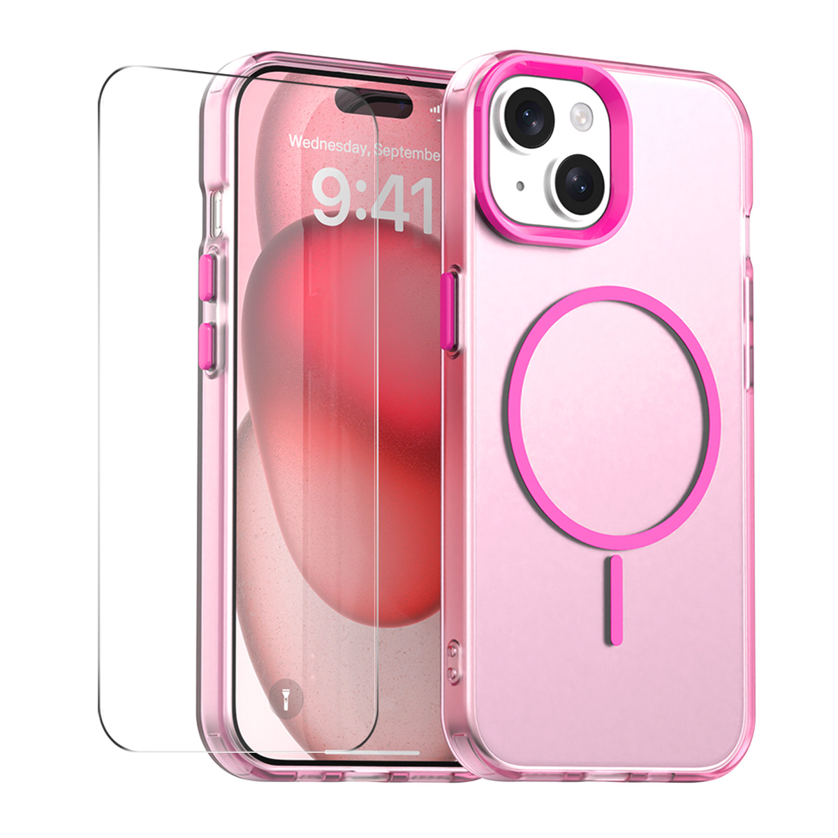 For iPhone 14 Plus Case with 9H Tempered Glass ENKAY HAT PRINCE PC TPU Phone Cover Compatible with MagSafe - Rose
