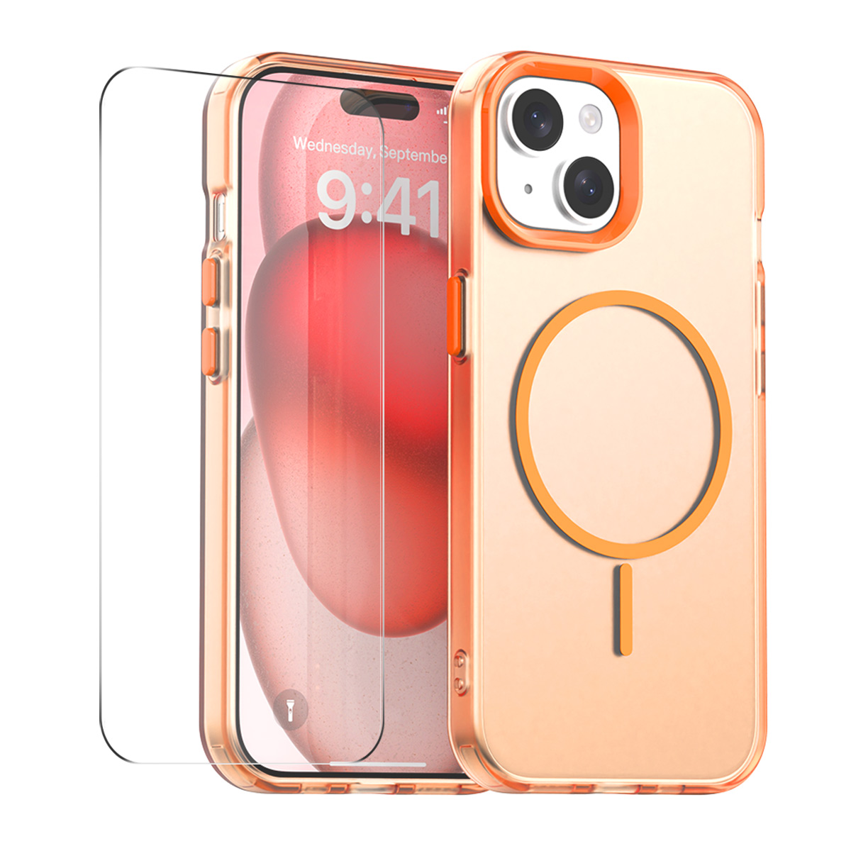 For iPhone 15 Plus Case with 9H Tempered Glass ENKAY HAT PRINCE PC TPU Phone Cover Compatible with MagSafe - Orange