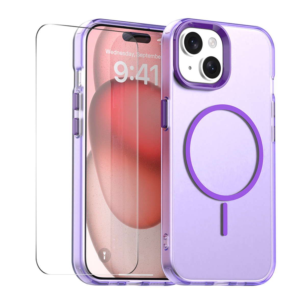 For iPhone 15 Plus Case with 9H Tempered Glass ENKAY HAT PRINCE PC TPU Phone Cover Compatible with MagSafe - Purple