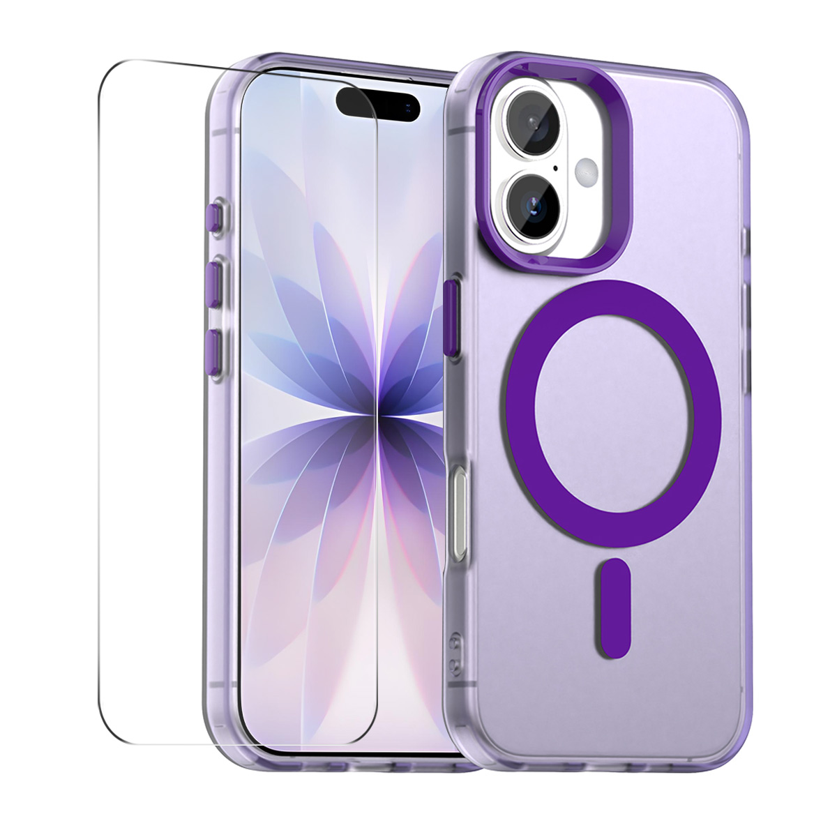 For iPhone 16 Case with 9H Tempered Glass ENKAY HAT PRINCE PC TPU Phone Cover Compatible with MagSafe - Purple