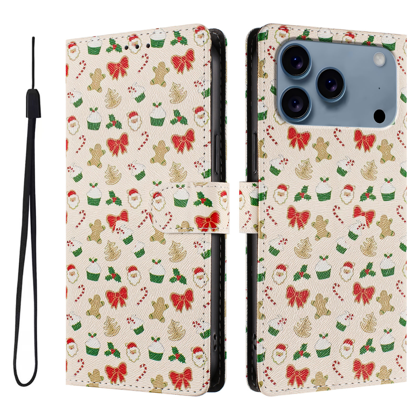 For iPhone 17 Pro Case Christmas Themed Pattern Printing PU Leather Wallet Phone Cover with Wrist Strap - Santa Claus