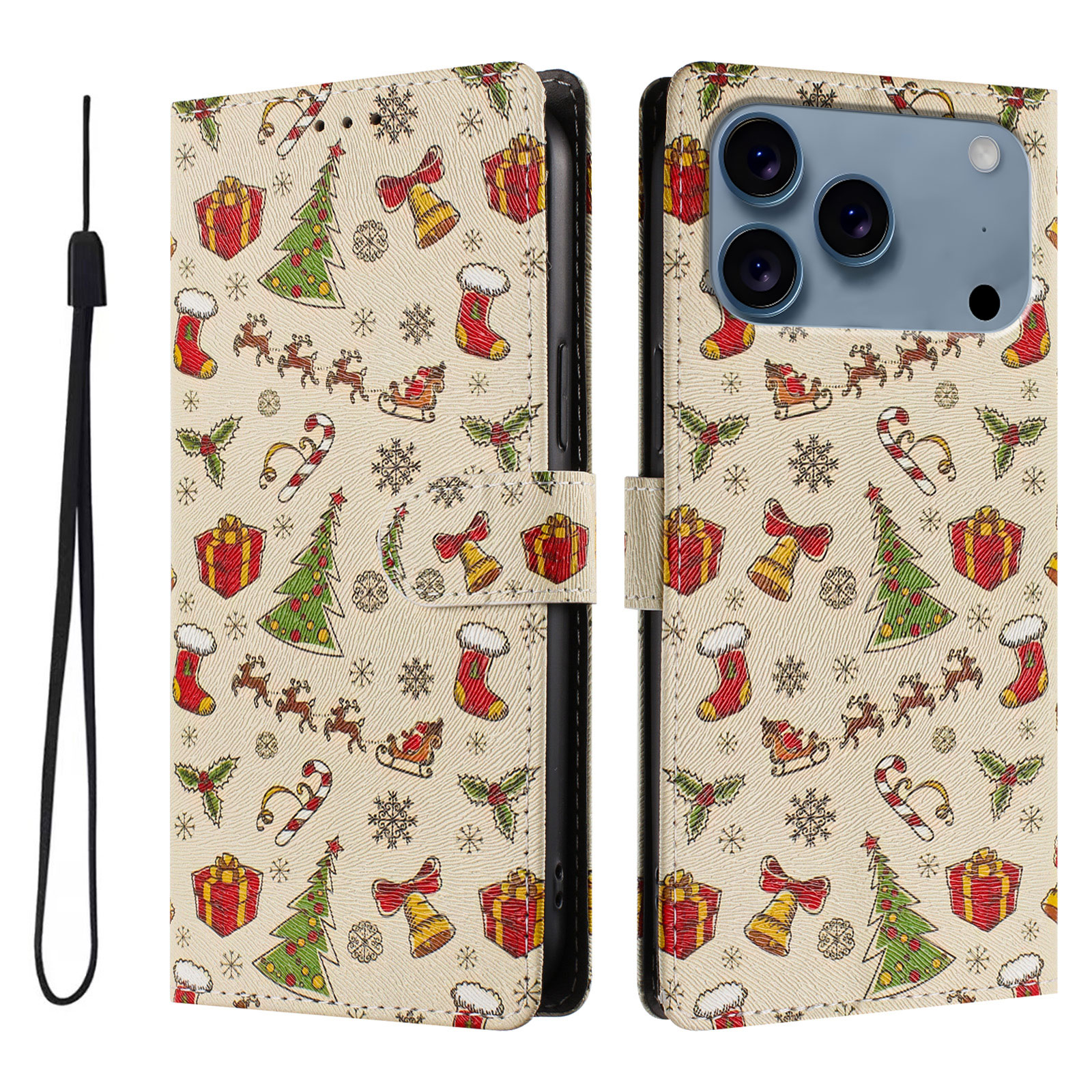 For iPhone 17 Pro Case Christmas Themed Pattern Printing PU Leather Wallet Phone Cover with Wrist Strap - Christmas Gifts