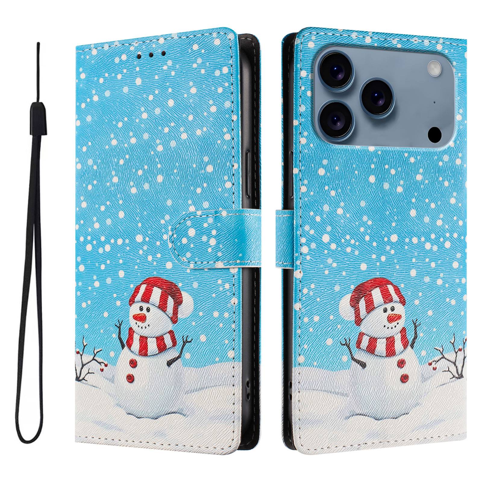 For iPhone 17 Pro Case Christmas Themed Pattern Printing PU Leather Wallet Phone Cover with Wrist Strap - Christmas Snowman