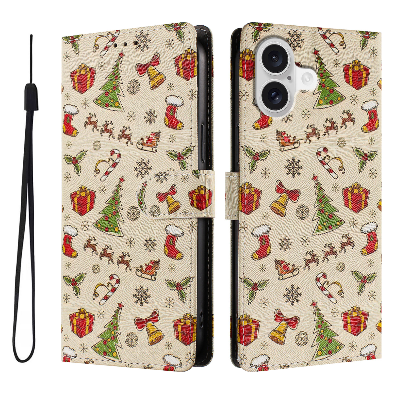 For iPhone 17 Case Christmas Themed Pattern Printing PU Leather Wallet Phone Cover with Wrist Strap - Christmas Gifts