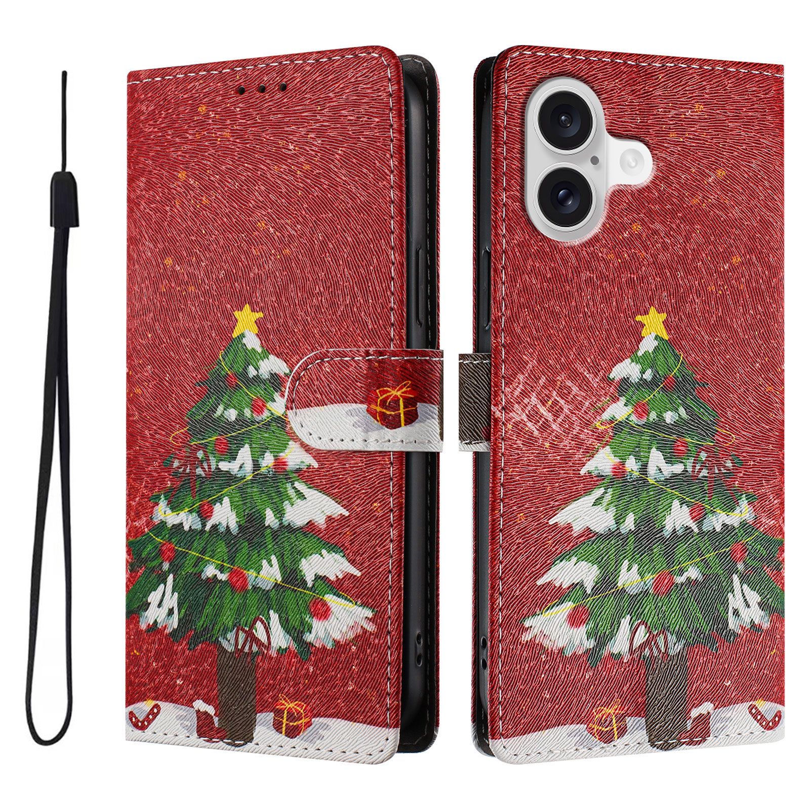 For iPhone 17 Case Christmas Themed Pattern Printing PU Leather Wallet Phone Cover with Wrist Strap - Christmas Tree