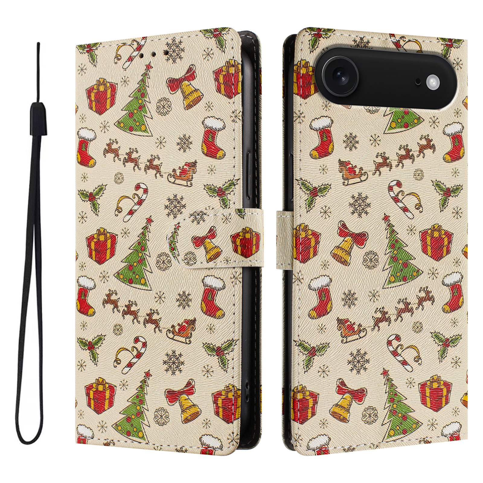 For iPhone Air Case Christmas Themed Pattern Printing PU Leather Wallet Phone Cover with Wrist Strap - Christmas Gifts