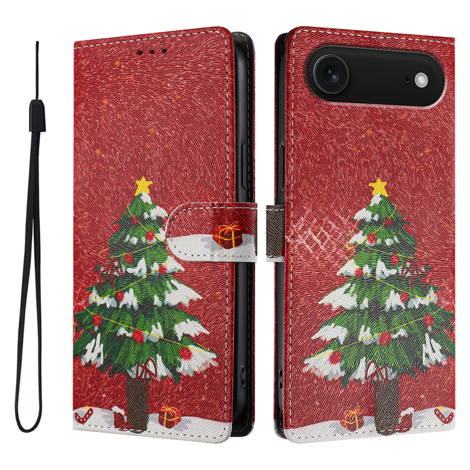 For iPhone Air Case Christmas Themed Pattern Printing PU Leather Wallet Phone Cover with Wrist Strap - Christmas Tree